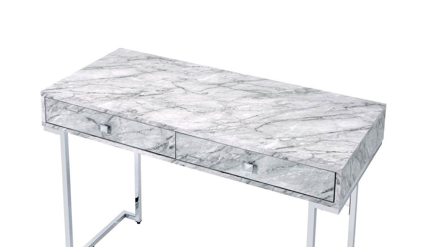 ACME Tigress Writing Desk, White Printed Faux Marble & Chrome