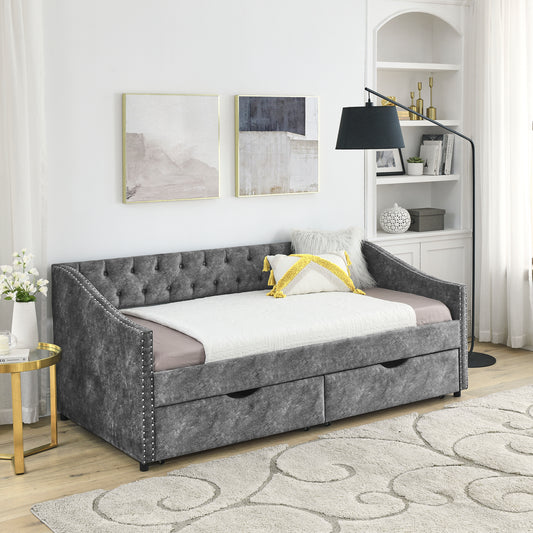 Twin Size Daybed with Drawers Upholstered Tufted Sofa Bed, with Button on Back and Copper Nail on Waved Shape Arms, Grey  (81.5''x4''x30.5'')