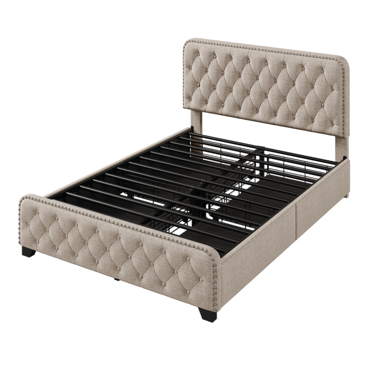 Upholstered Platform Bed Frame with Four Drawers Beige, Full