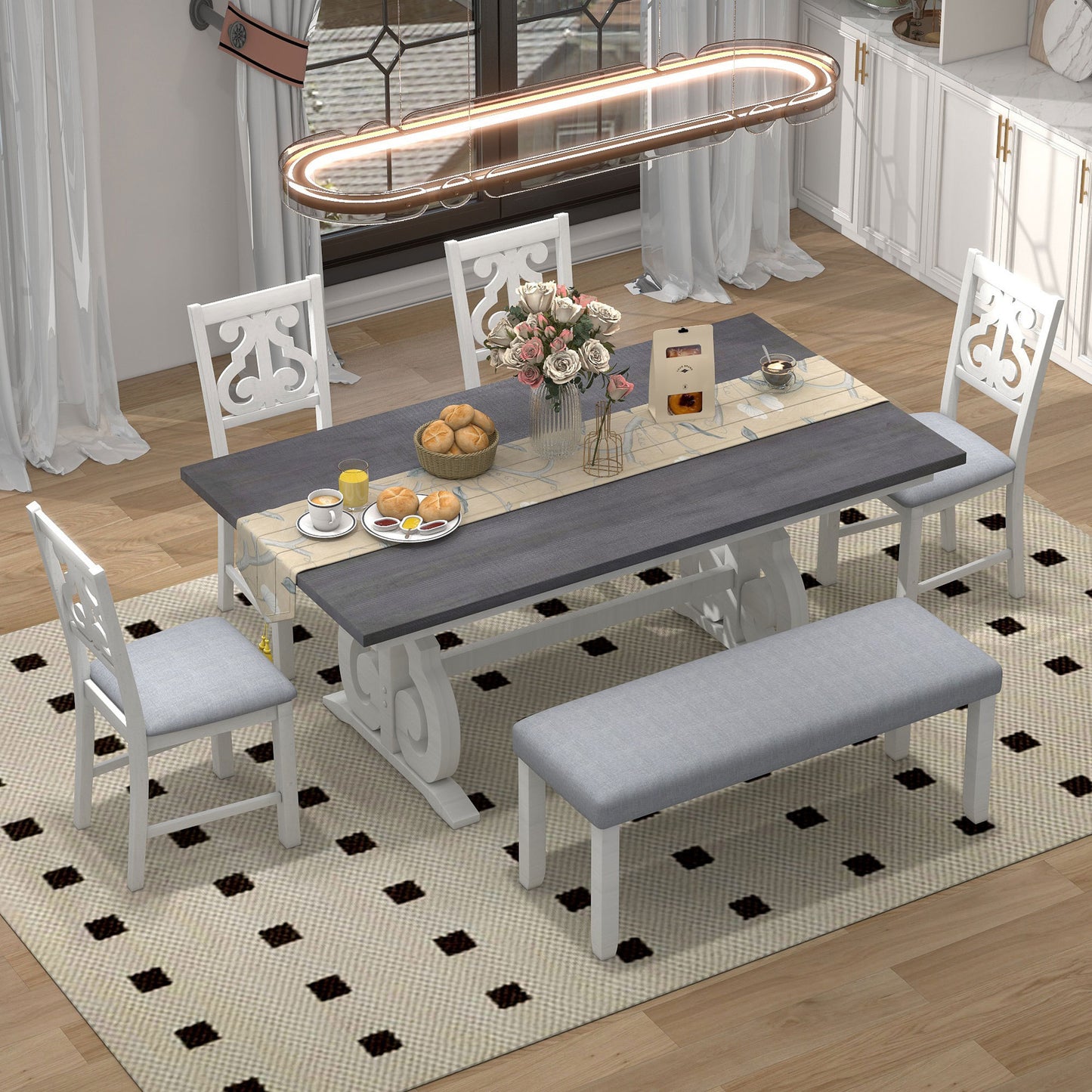 Farmhouse Rectangular Dining Table with Chairs and Bench (Gray+White)