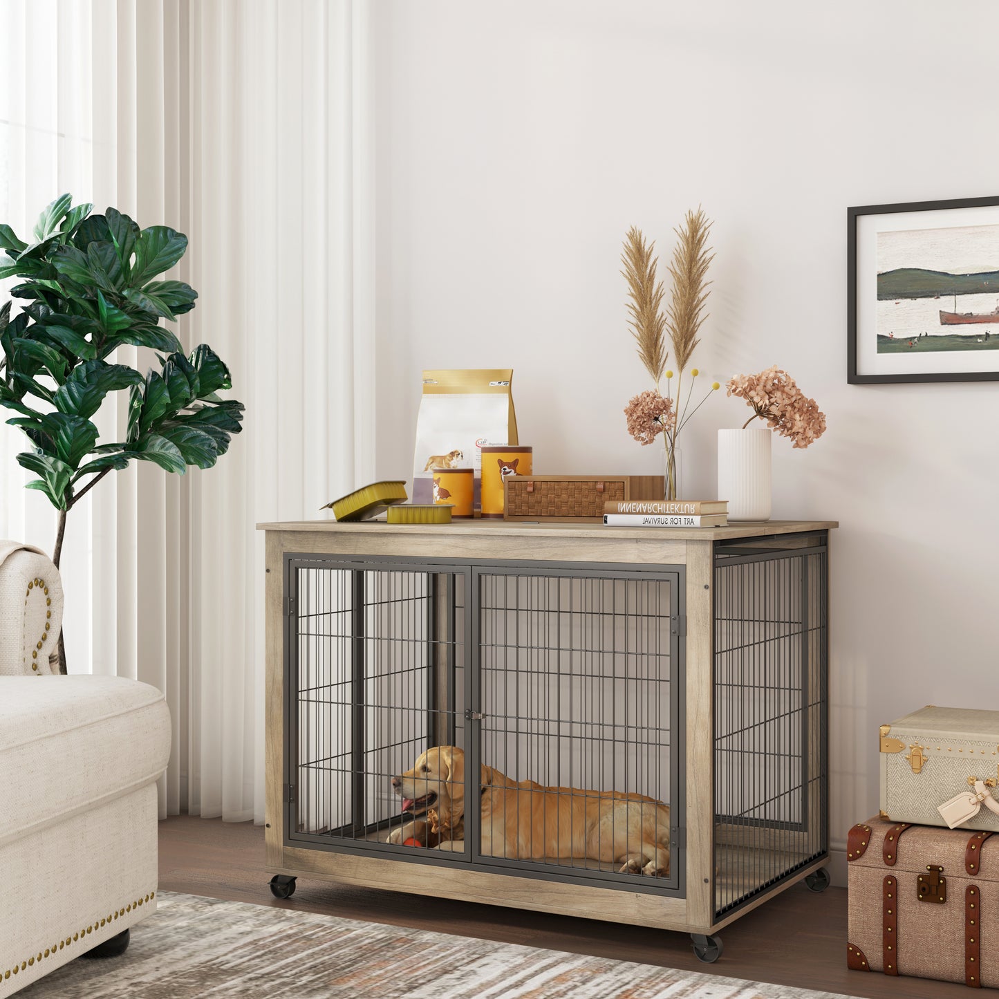 Furniture Style Dog Crate Side Table on Wheels