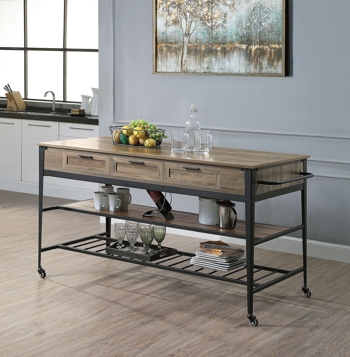 ACME Macaria Kitchen Island Rustic Oak & Black Finish