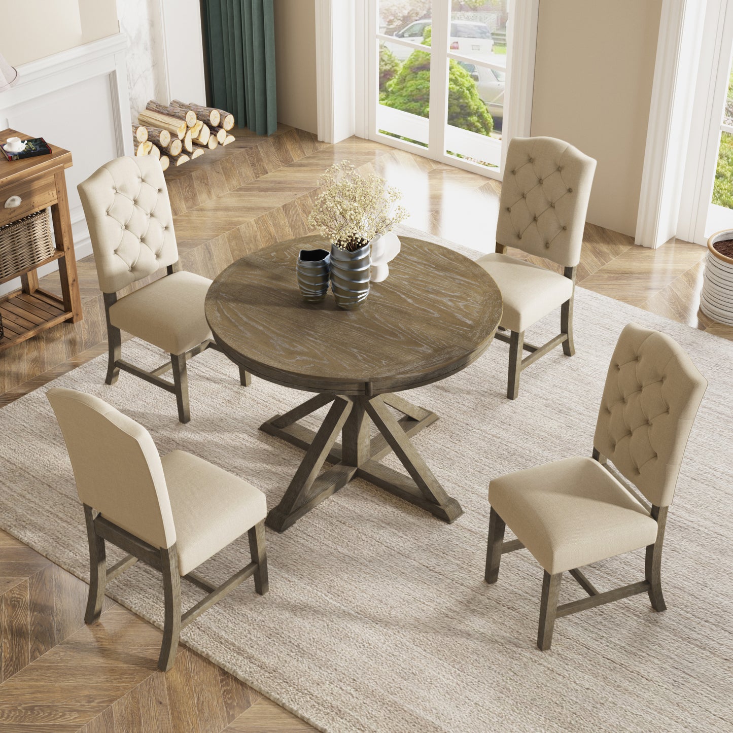 Retro Style Dining Table Set with Extendable Table and 4 Upholstered Chairs (Natural Wood Wash)