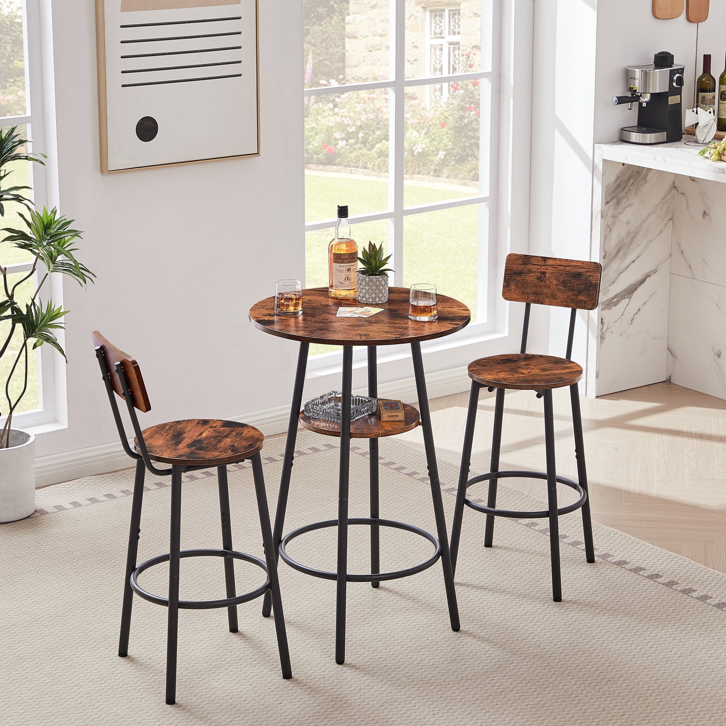 Round Bar Stool Set with Shelf - Rustic Brown