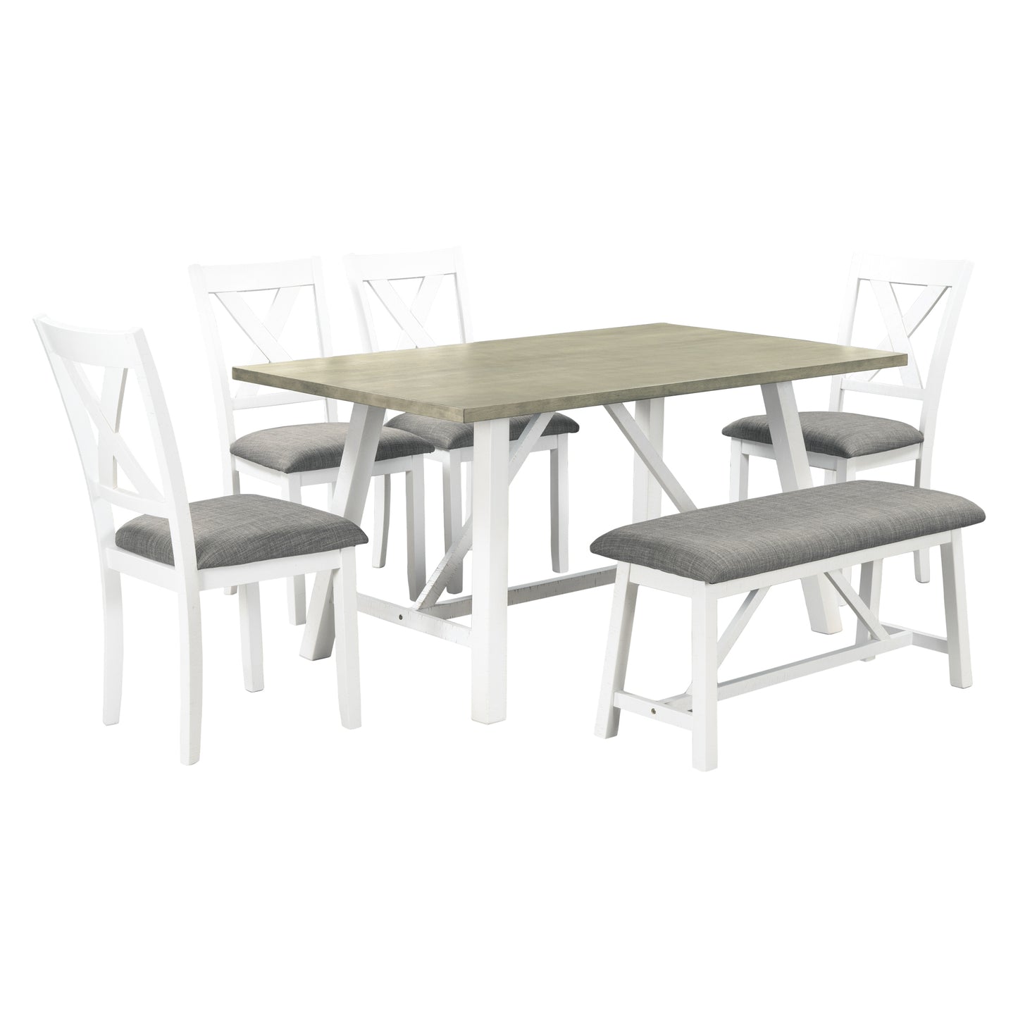 6 Piece Dining Table Set Rustic Style,White+Gray