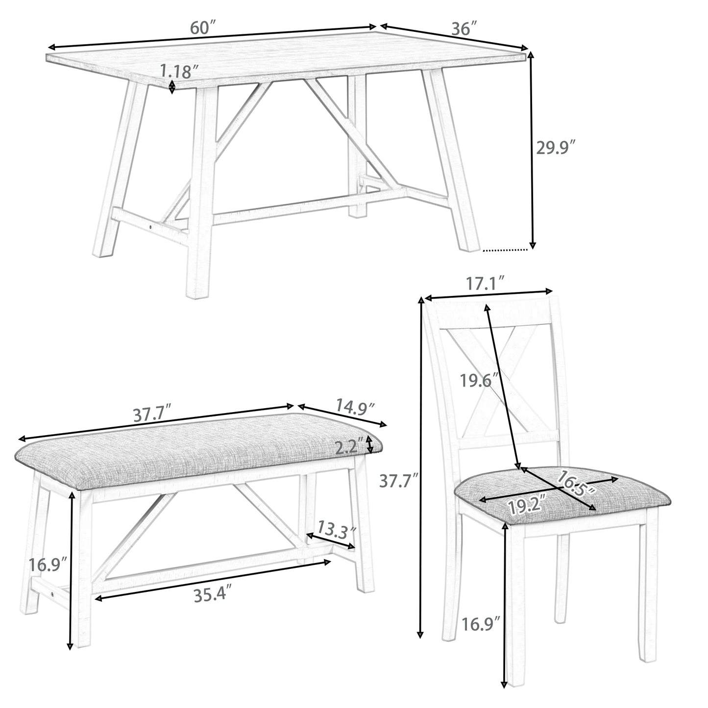 6 Piece Dining Table Set Rustic Style,White+Gray