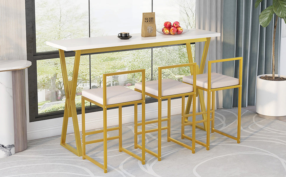 TOPMAX Modern 4-Piece Counter Height Extra Long Console Bar Dining Table Set with 3 Padded Stools  Gold