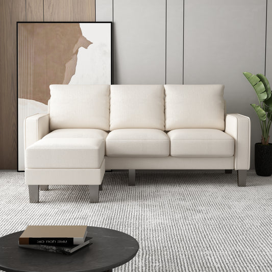 Modern Living Room Furniture L Shape Sofa with Ottoman in Beige Fabric