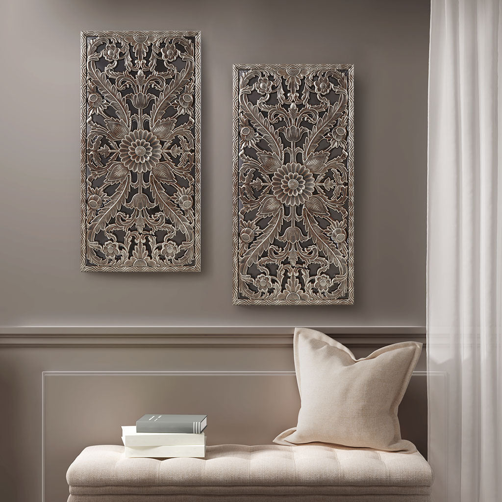 Botanical Panel Distressed Carved Wood 2-piece Wall Decor Set