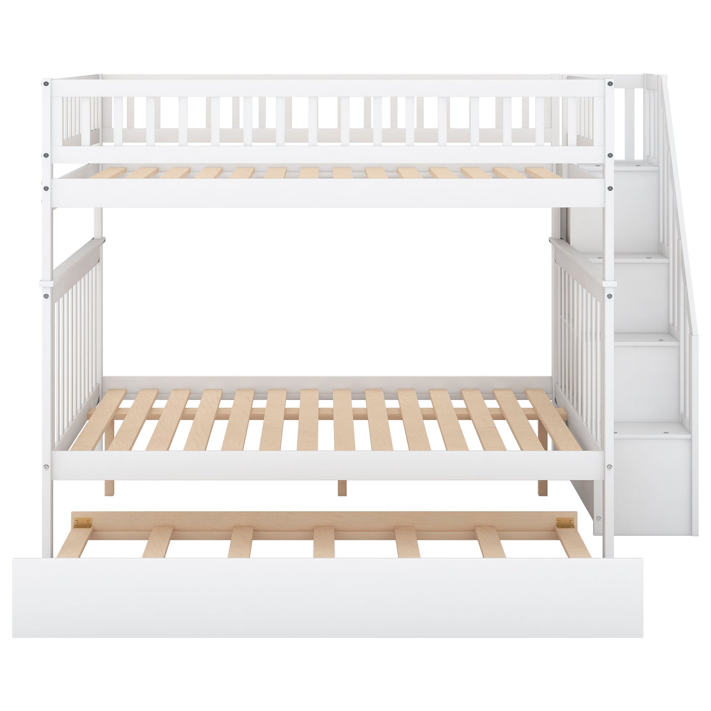 White Full over Full Bunk Bed with Trundle and Staircase