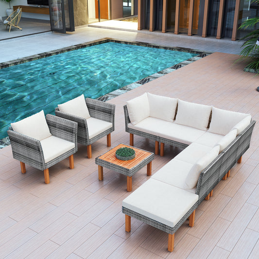 GO 9-Piece Outdoor Patio Garden Wicker Sofa Set, Gray PE Rattan Sofa Set, with Wood Legs, Acacia Wood Tabletop, Armrest Chairs with Beige Cushions