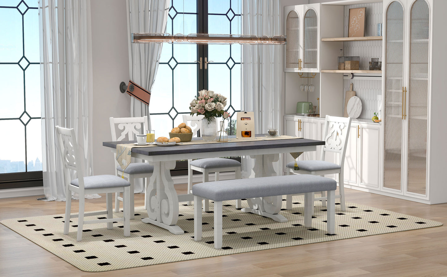 Farmhouse Rectangular Dining Table with Chairs and Bench (Gray+White)