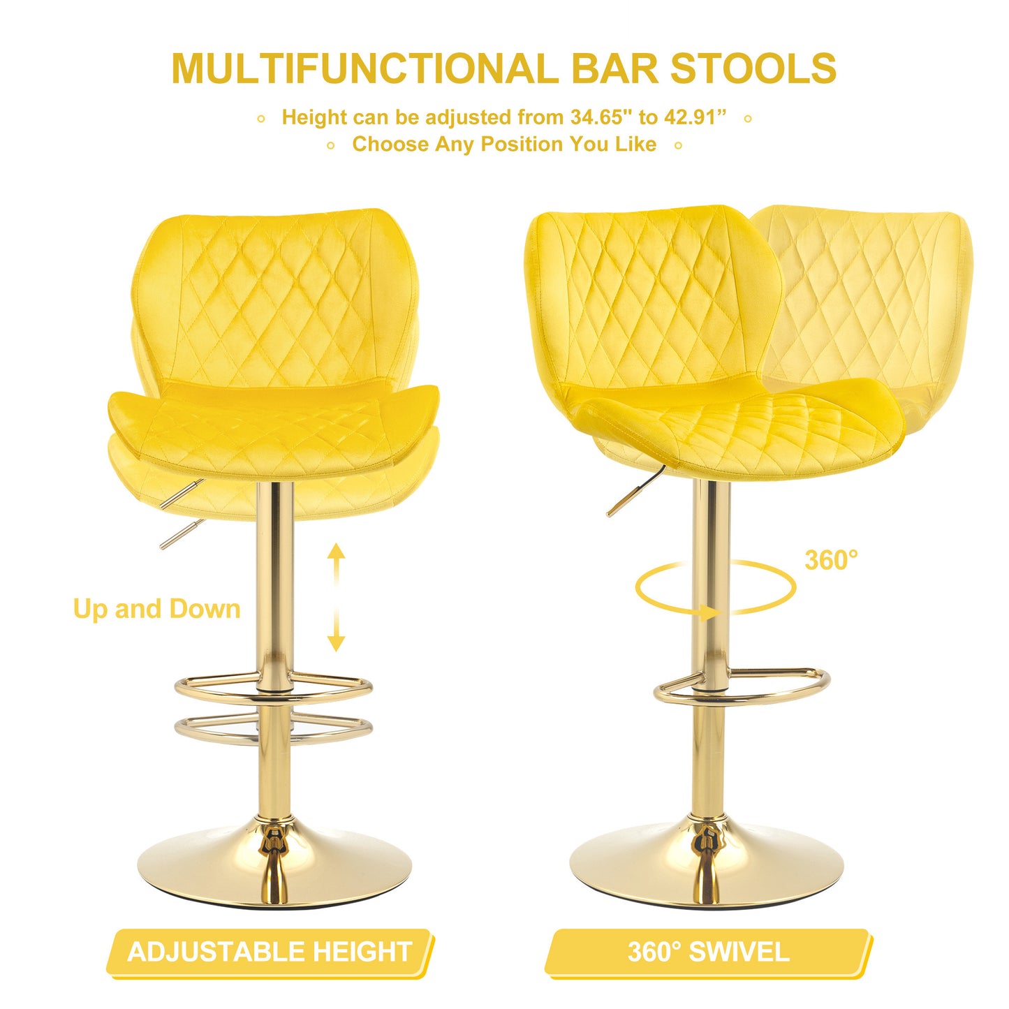 Yellow Velvet Adjustable Swivel Bar Stool Set of 2