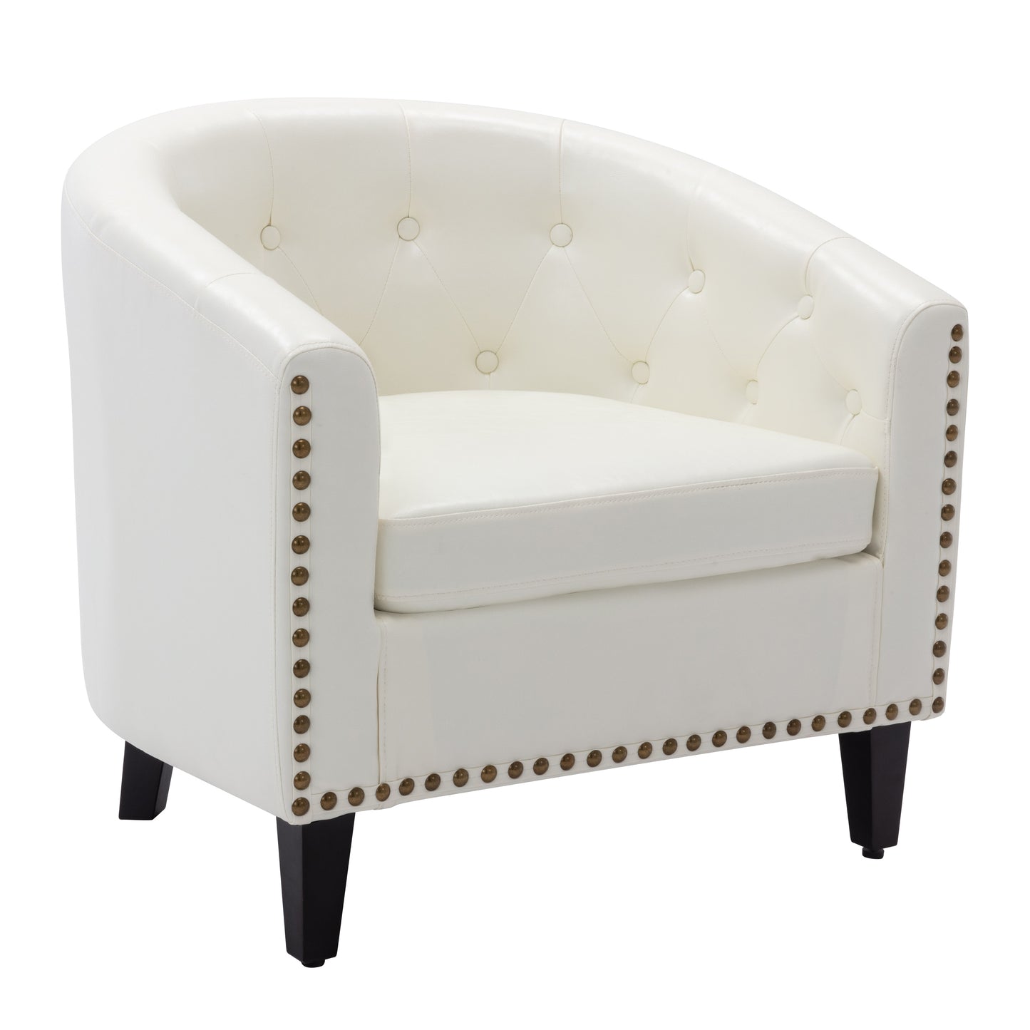 Modern White Nailhead Trim PU Leather Tufted Barrel Accent Chair