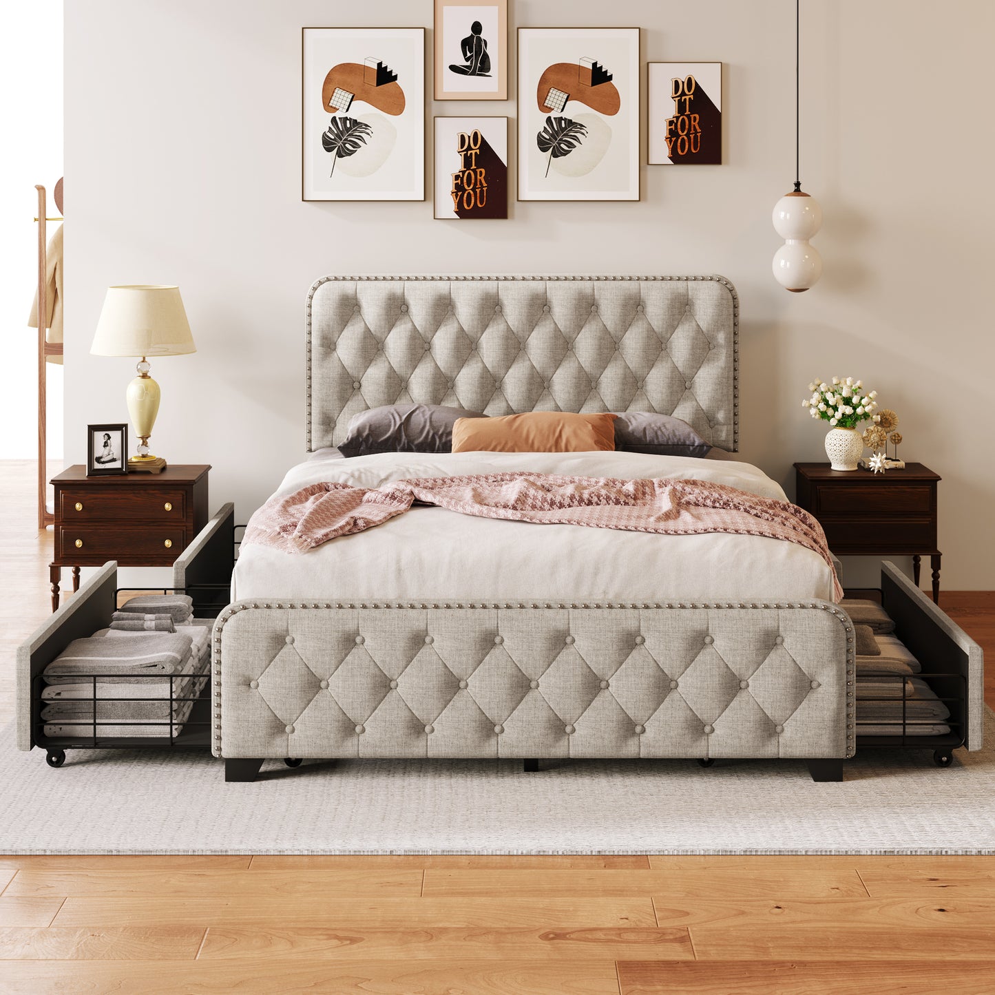 Upholstered Platform Bed Frame with Four Drawers Beige, Full