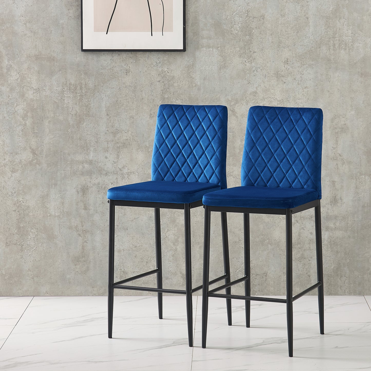 Velvet Blue Bar Stool with Metal Legs Set of 2