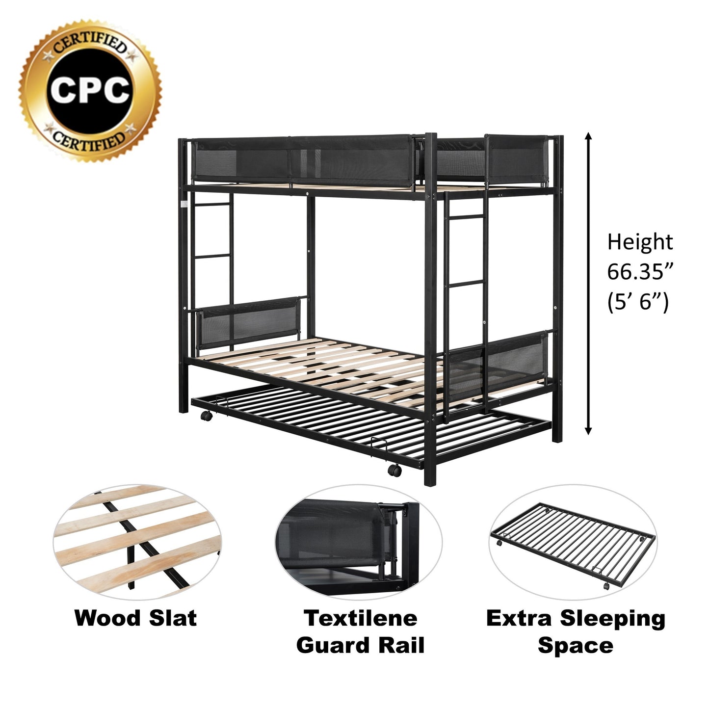 Metal Twin Over Twin Bunk Bed with Trundle Sturdy Metal Frame