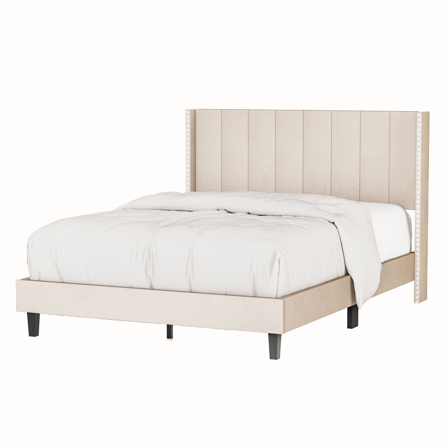 Velvet Upholstered Queen Bed- Beige