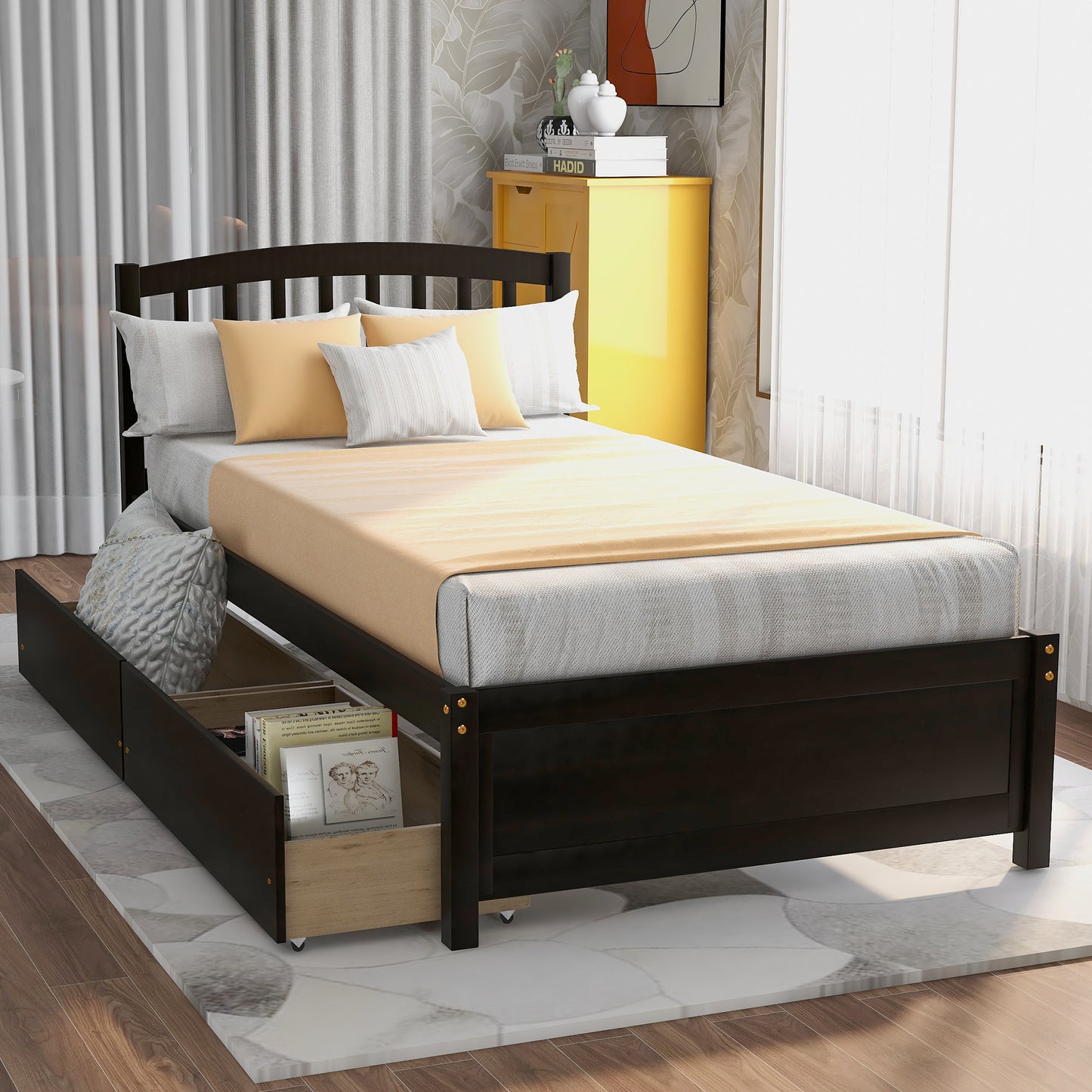 Twin Size 2 Drawers Platform Bed Frame with Headboard